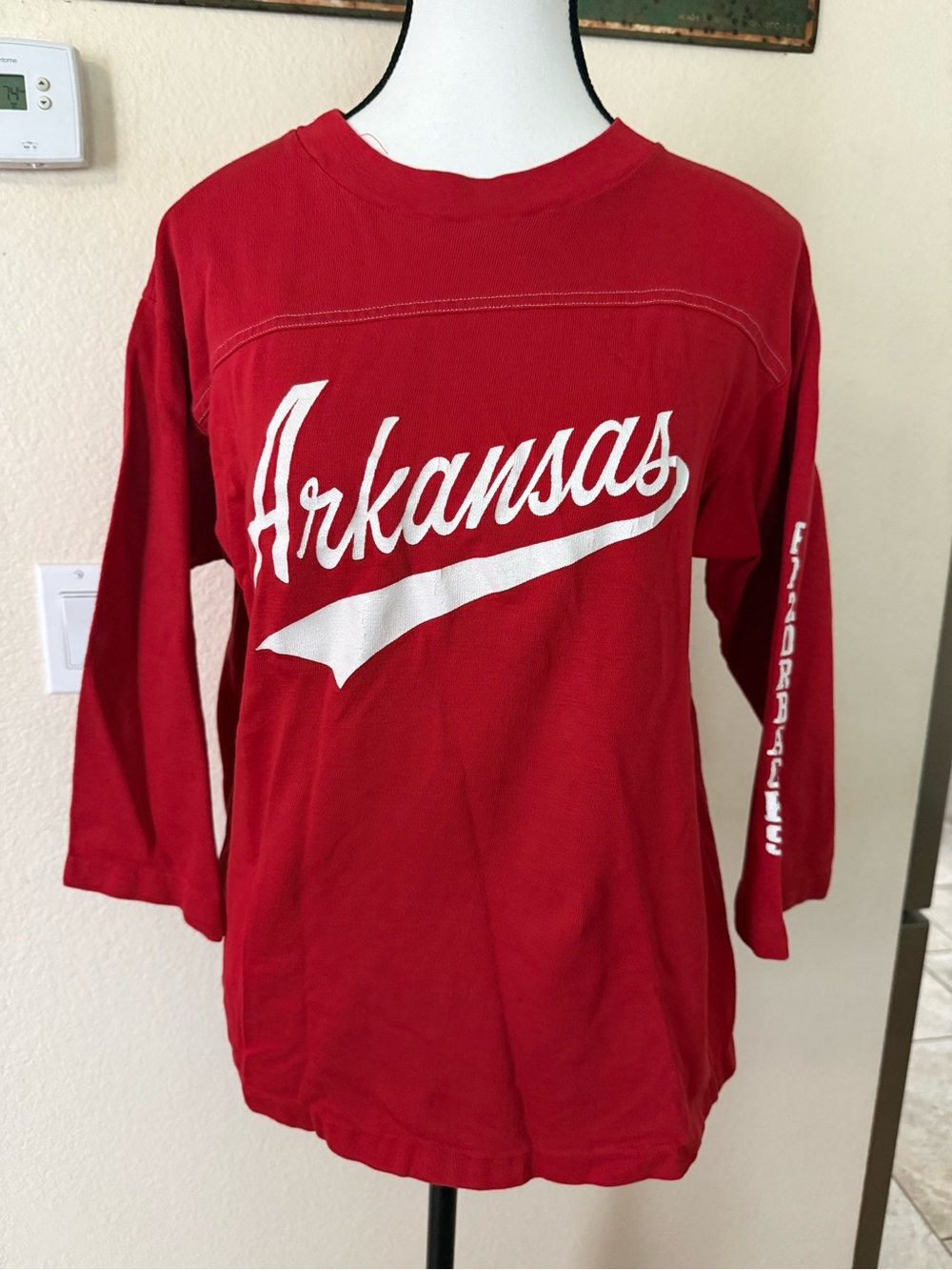 Vintage Artex Red Large 3/4 Sleeve Arkansas Razorbacks Shirt Logo Spirit Jersey